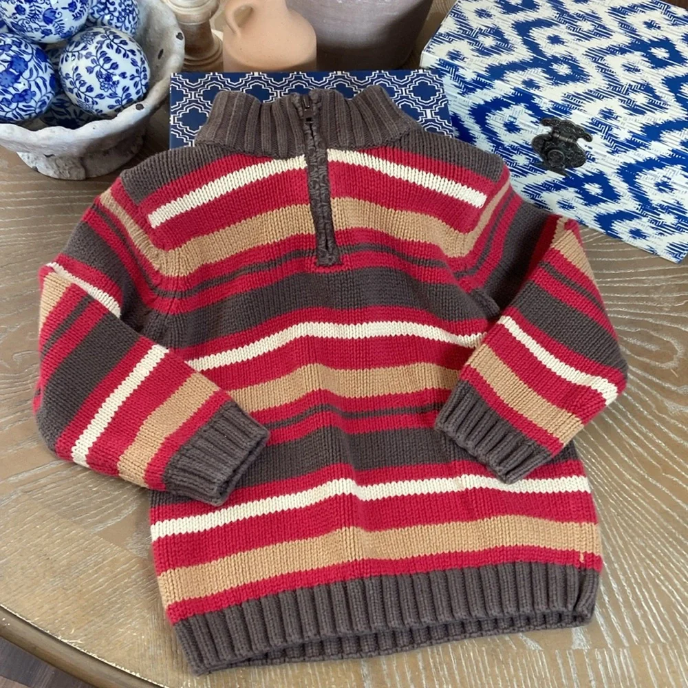 Boys Gymboree Red & Brown Striped 1/4 Zip Sweater Size Small